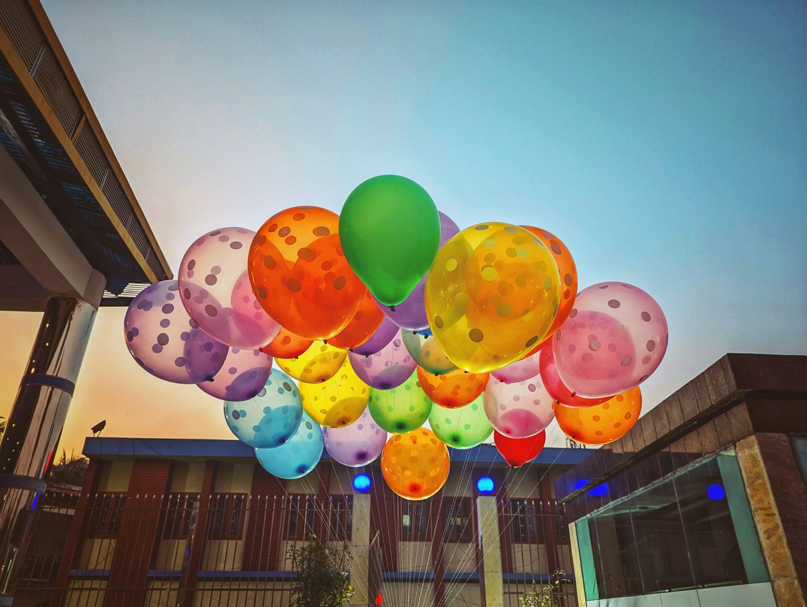 a bunch of balloons floating in the air